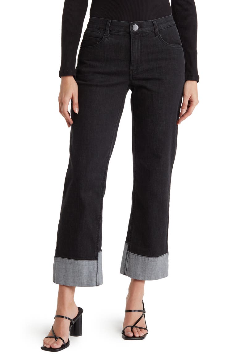 High Waist Reverse Cuff Boyfriend Jeans, Main, color, BLACK
