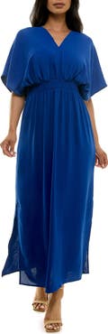 Nina Leonard V-Neck Smocked Waist Maxi Dress