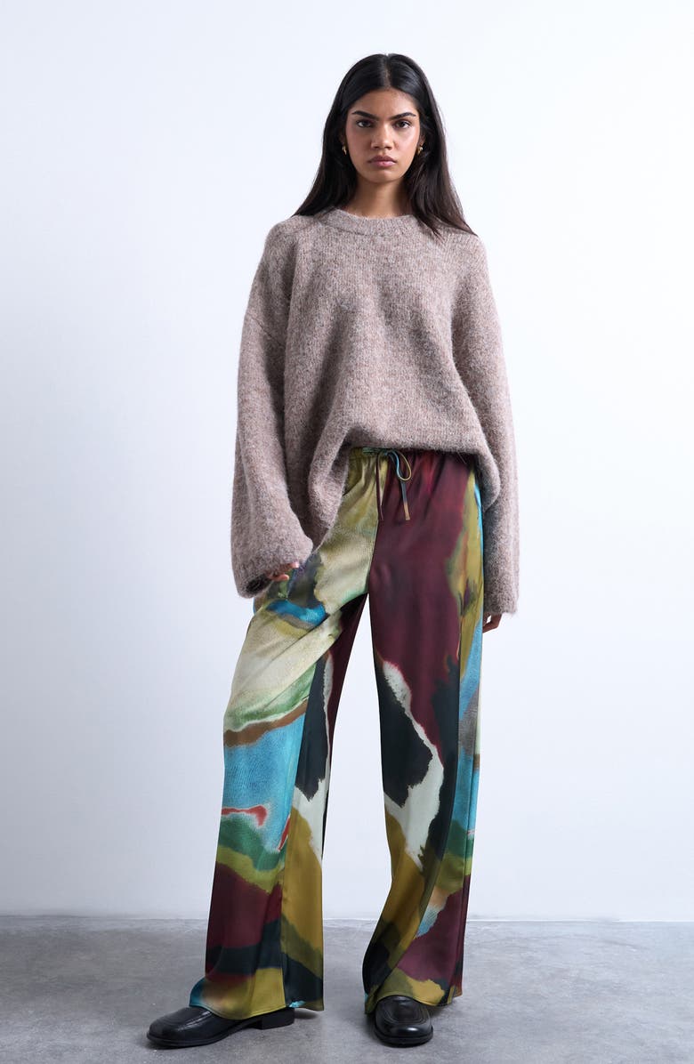 Topshop Printed Wide Leg Pants, Main, color, Burgundy Multi