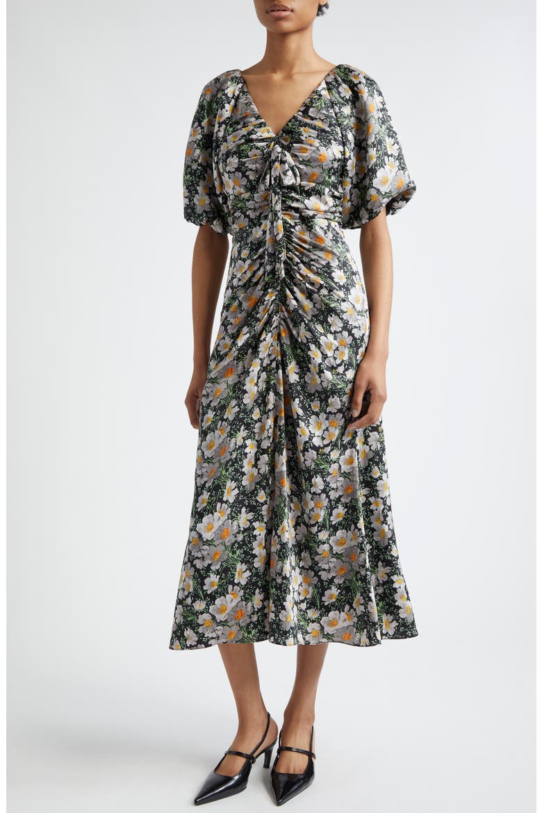 Brenton Cosmo Flower Puff Sleeve Ruched Midi Dress, Alternate, color, BLACK/ LONDON FOG