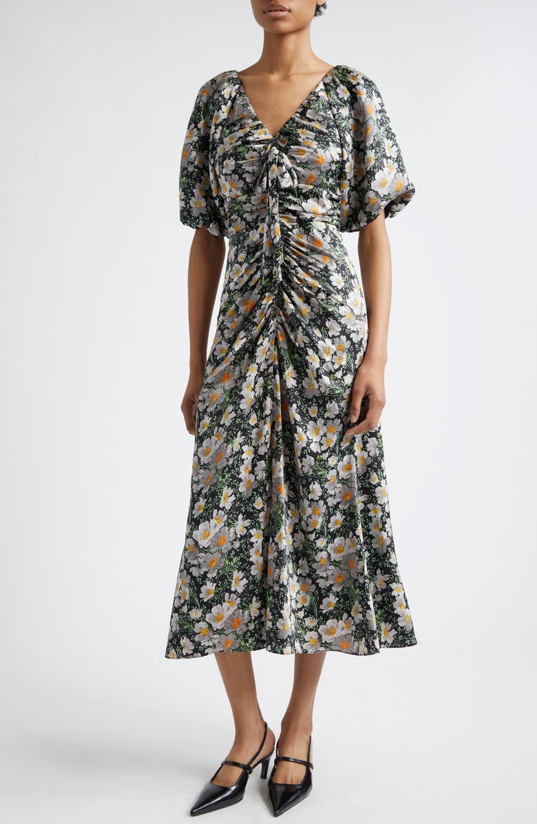 Cinq à Sept Brenton Cosmo Flower Puff Sleeve Ruched Midi Dress, Alternate, color, Black/ London Fog