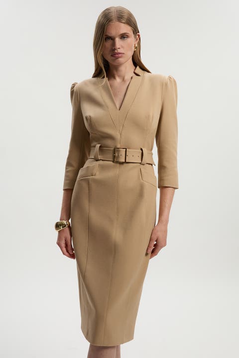 3/4 Sleeve Belted Midi Dress