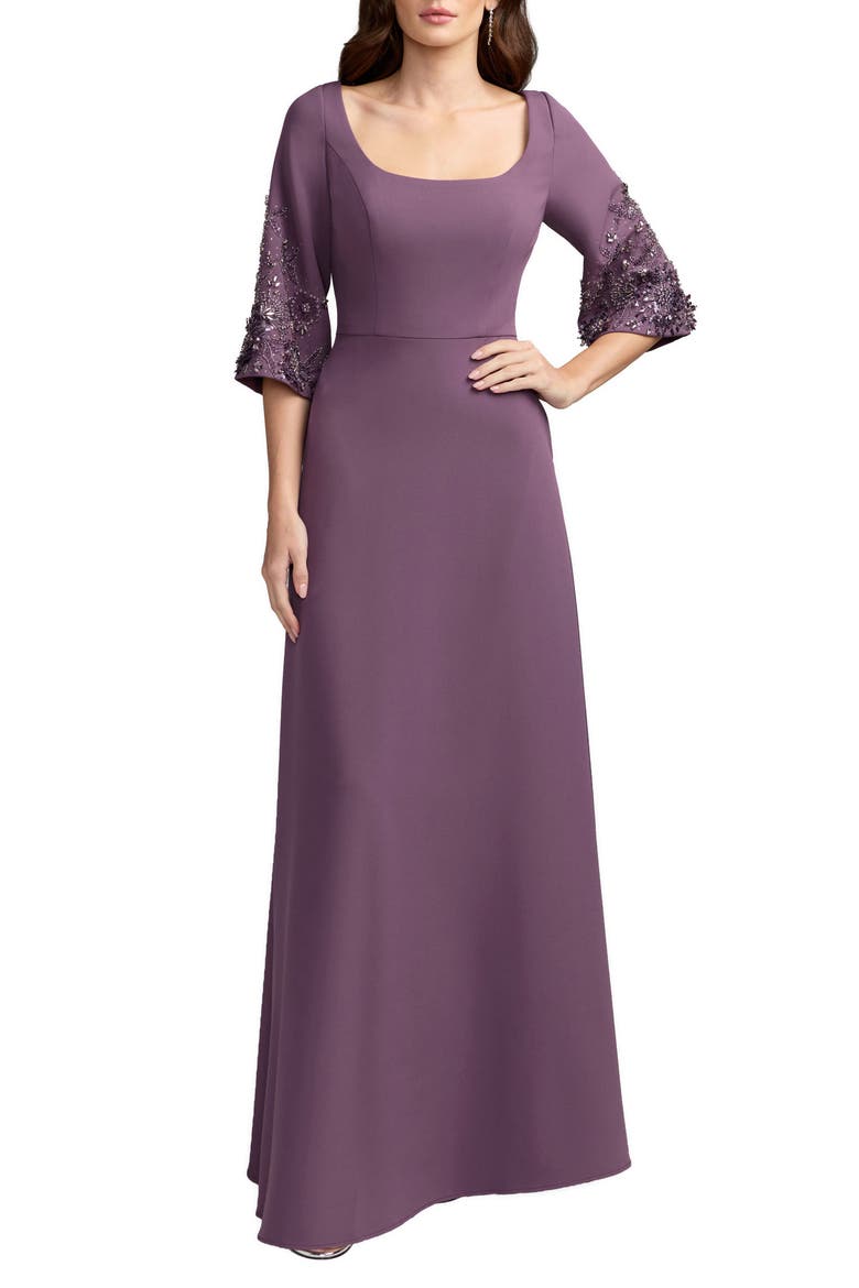 Crepe Gown With Floral Embellished Sleeves, Main, color, Eggplant