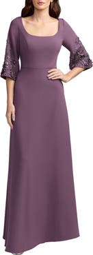 Mac Duggal Crepe Gown With Floral Embellished Sleeves