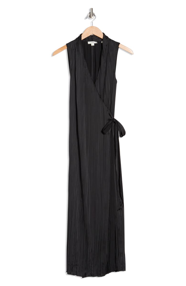 Vince Sleeveless Pleated Satin Wrap Dress, Alternate, color, Black