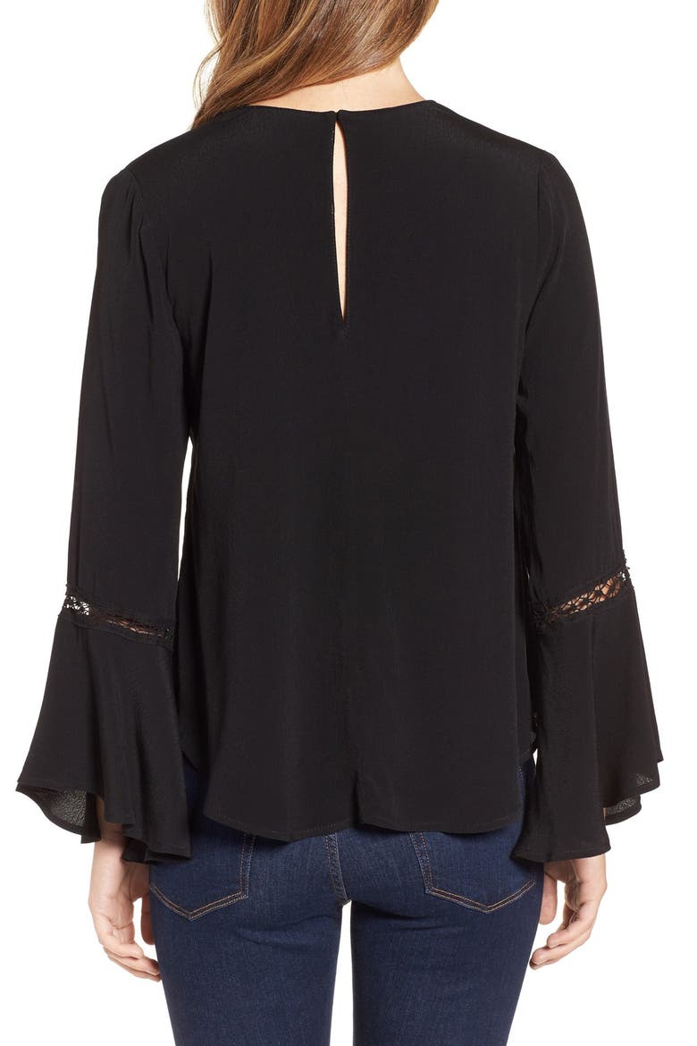 ASTR Crochet Trim Bell Sleeve Top, Alternate, color, BLACK