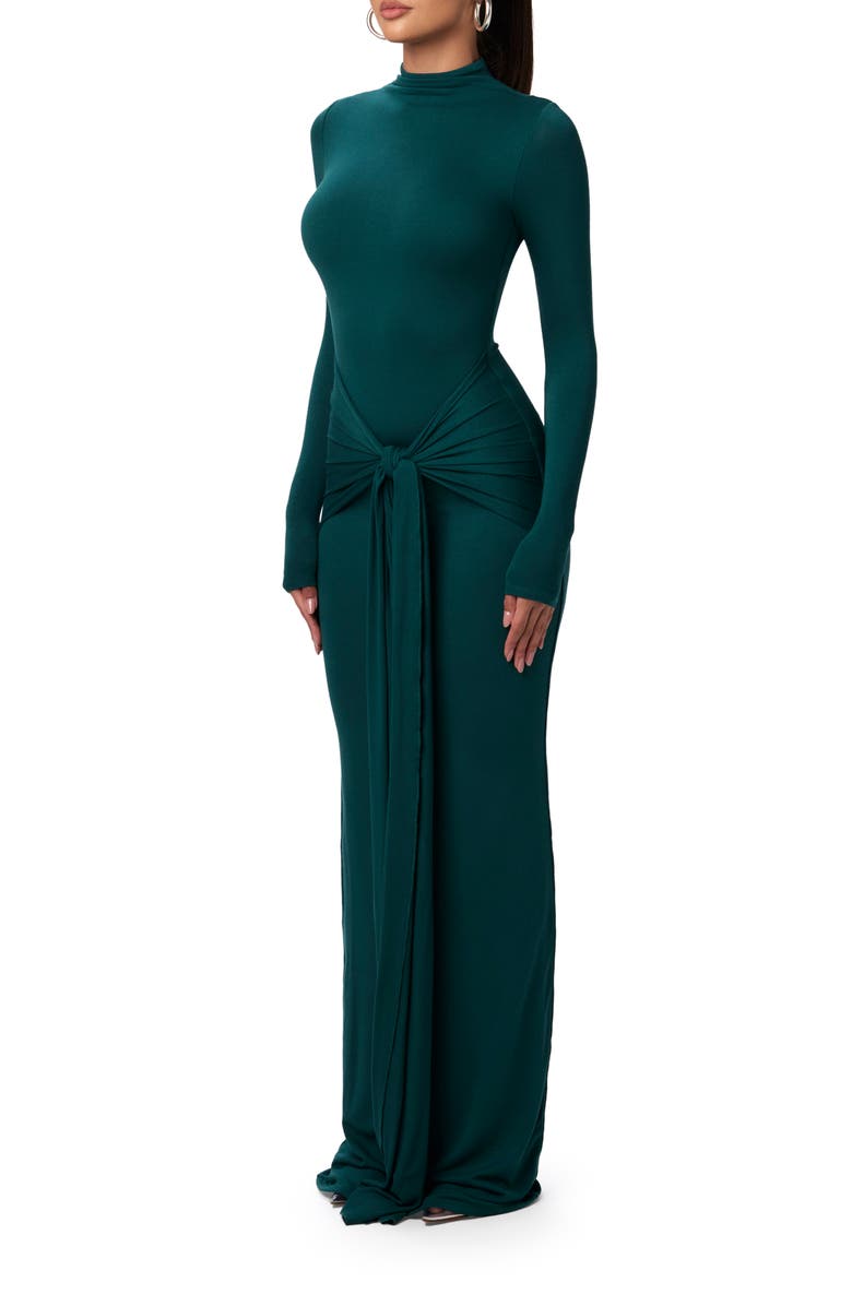 Naked Wardrobe Tie Front Long Sleeve Maxi Dress, Alternate, color, Deep Teal