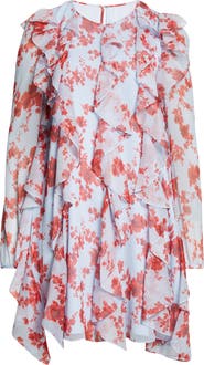 Carolina Herrera Floral Print Long Sleeve Tiered Ruffle Silk Chiffon Minidress