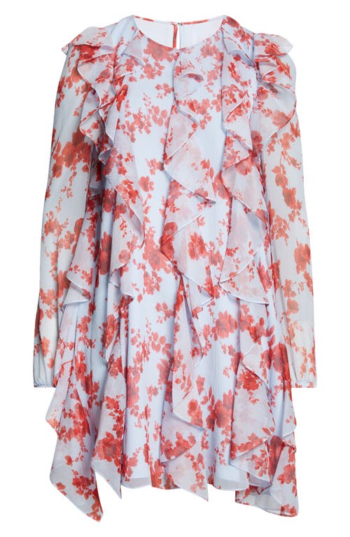 Carolina Herrera Floral Print Long Sleeve Tiered Ruffle Silk Chiffon Minidress In Celeste Multi