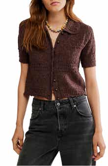 Free People Daylight Collared Short Sleeve Cotton Blend Cardigan