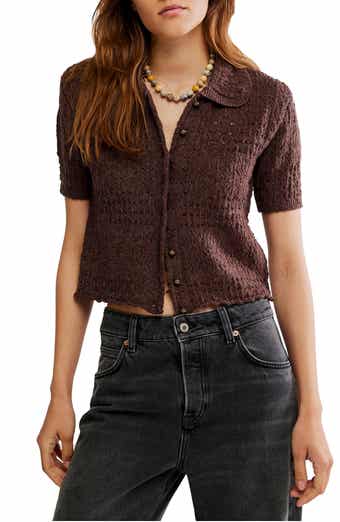 Free People Daylight Collared Short Sleeve Cotton Blend Cardigan