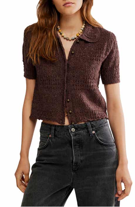 Free People Daylight Collared Short Sleeve Cotton Blend Cardigan