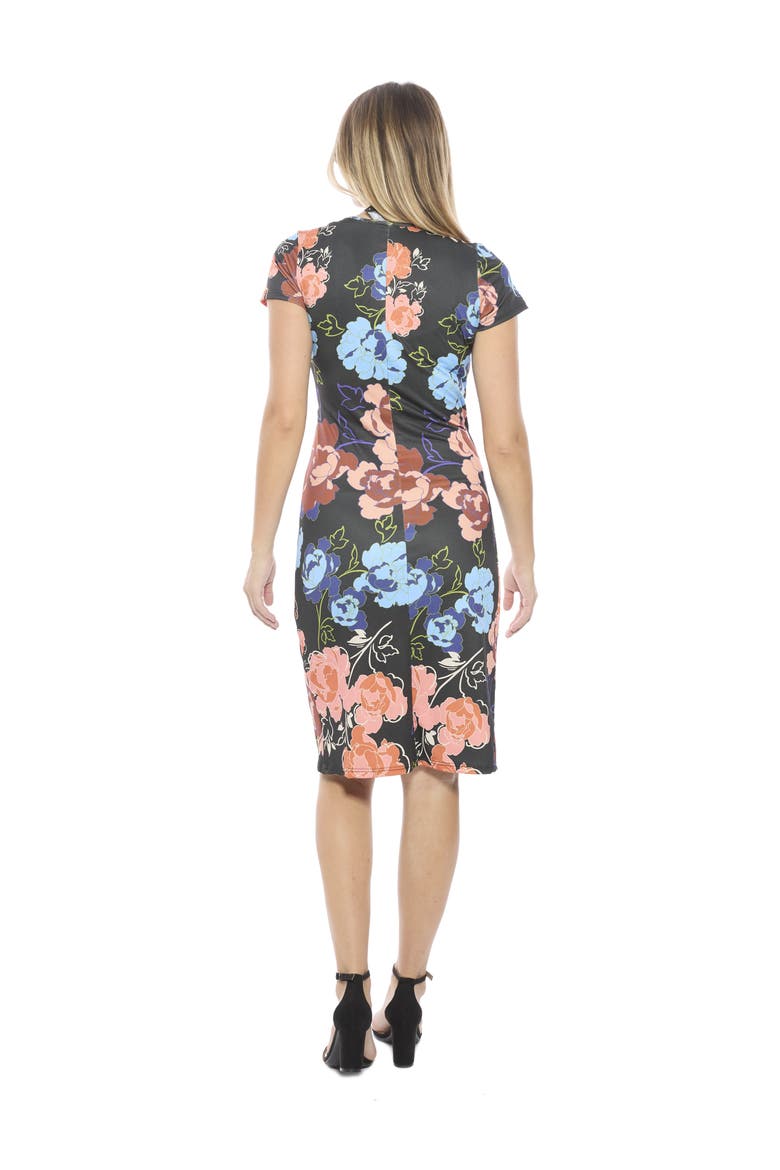 Womens Floral V-Neck Short Sleeve Knee Length Faux Wrap Dress, Alternate, color, Black Multi