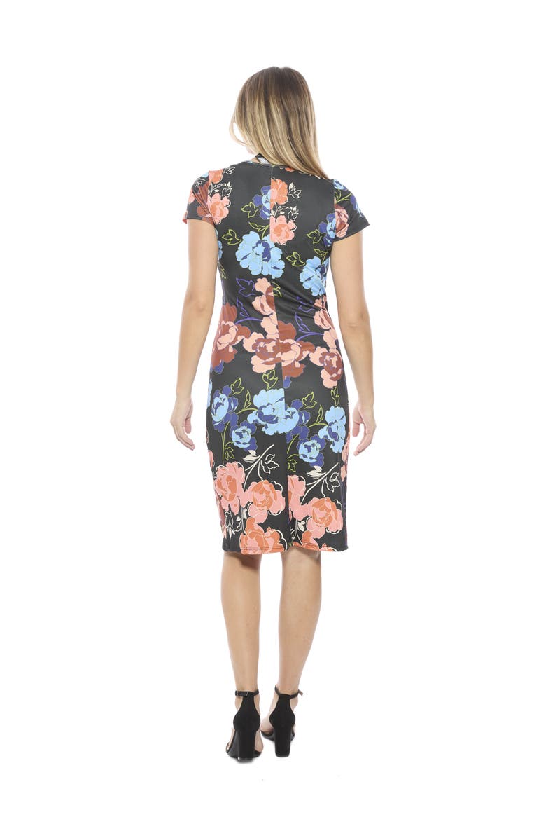 24seven Comfort Apparel Womens Floral V-Neck Short Sleeve Knee Length Faux Wrap Dress, Alternate, color, Black Multi