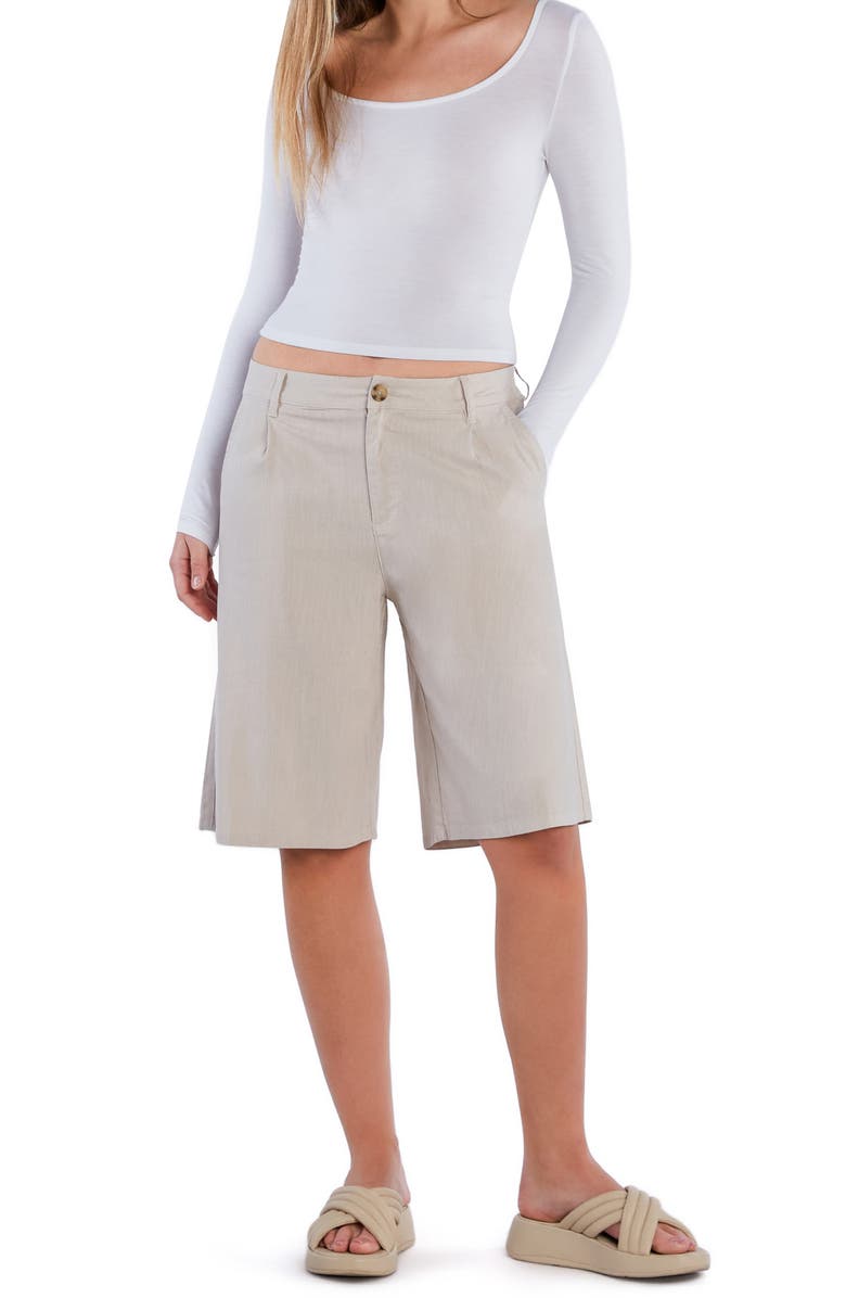 HINT OF BLU Chill Pleated Mid Rise Denim Bermuda Shorts, Alternate, color, Moonbeam