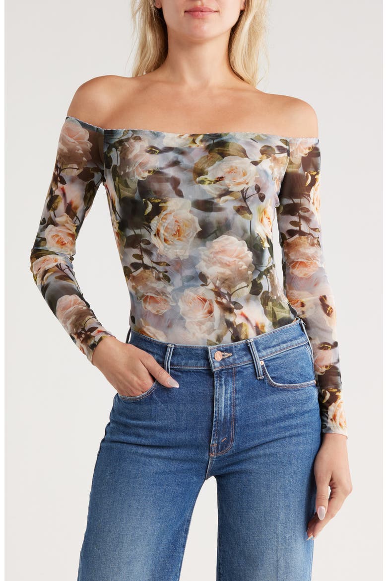 Peonie Off the Shoulder Bodysuit, Main, color, MULTI DISTRESSED FLORAL