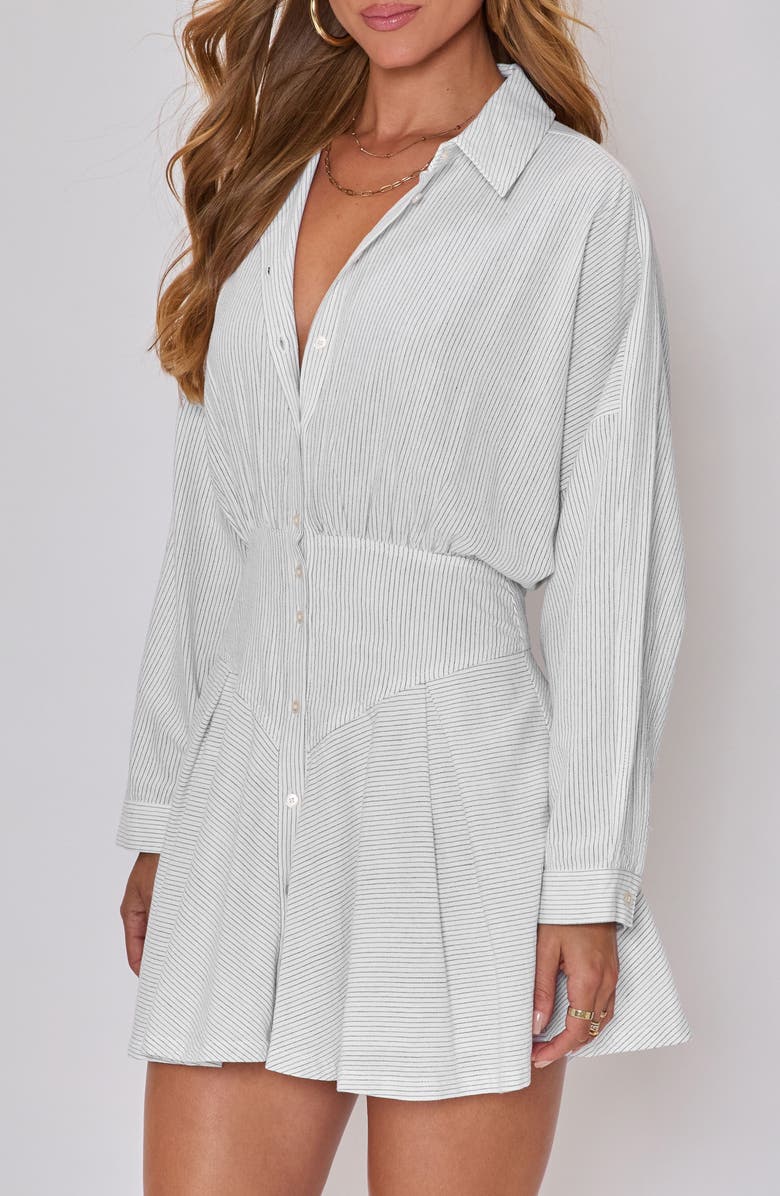VICI Collection Taylor Stripe Long Sleeve Cotton & Linen Mini Shirtdress, Alternate, color, Cream/ Black