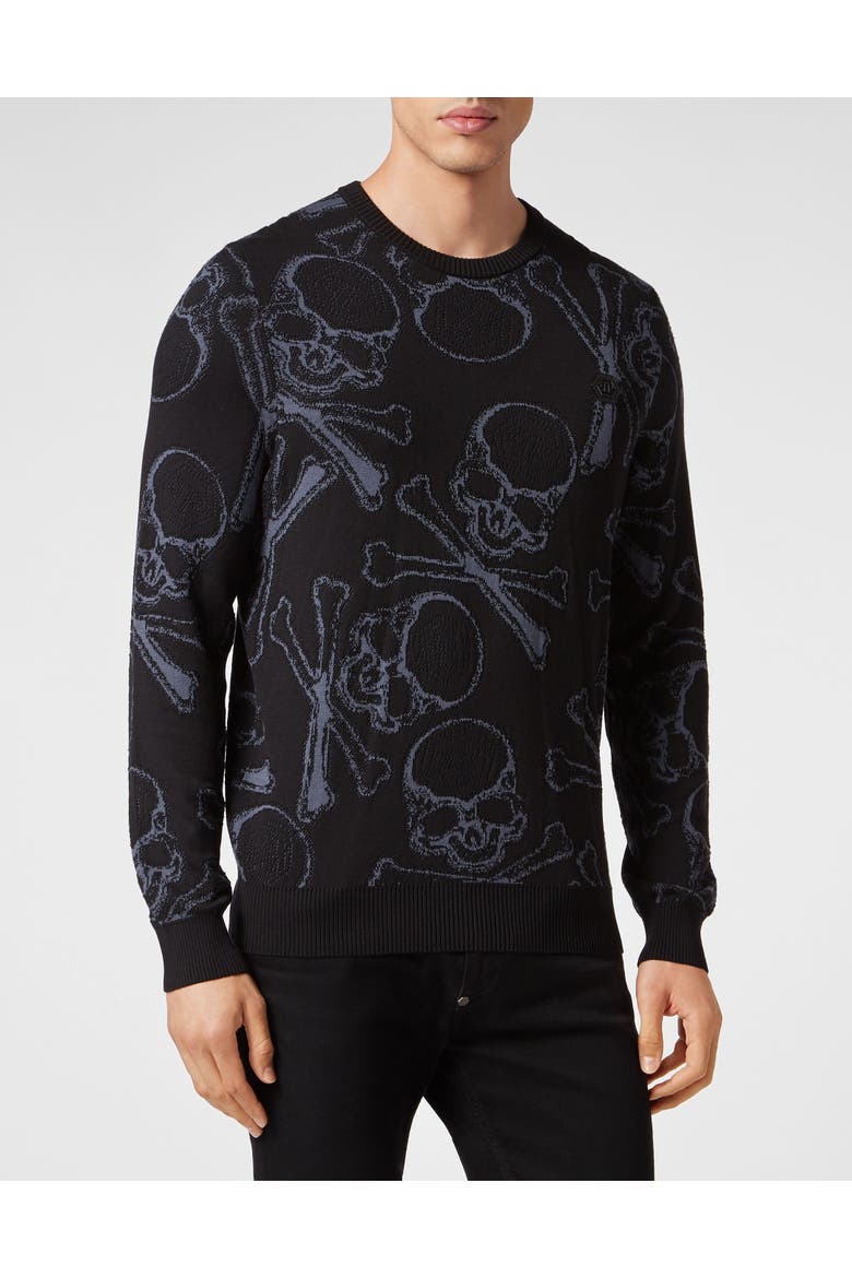 Cotton Pullover Round Neck Skull&Bones Men, Main, color, black