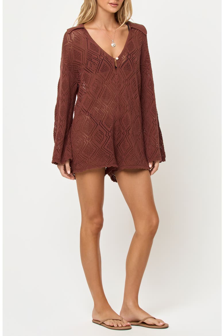 Golden Daze Open Stitch Cotton Cover-Up Romper, Alternate, color, CAFE