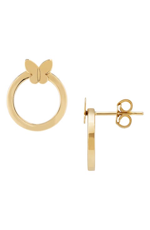 14K Gold Butterfly Circle Stud Earrings
