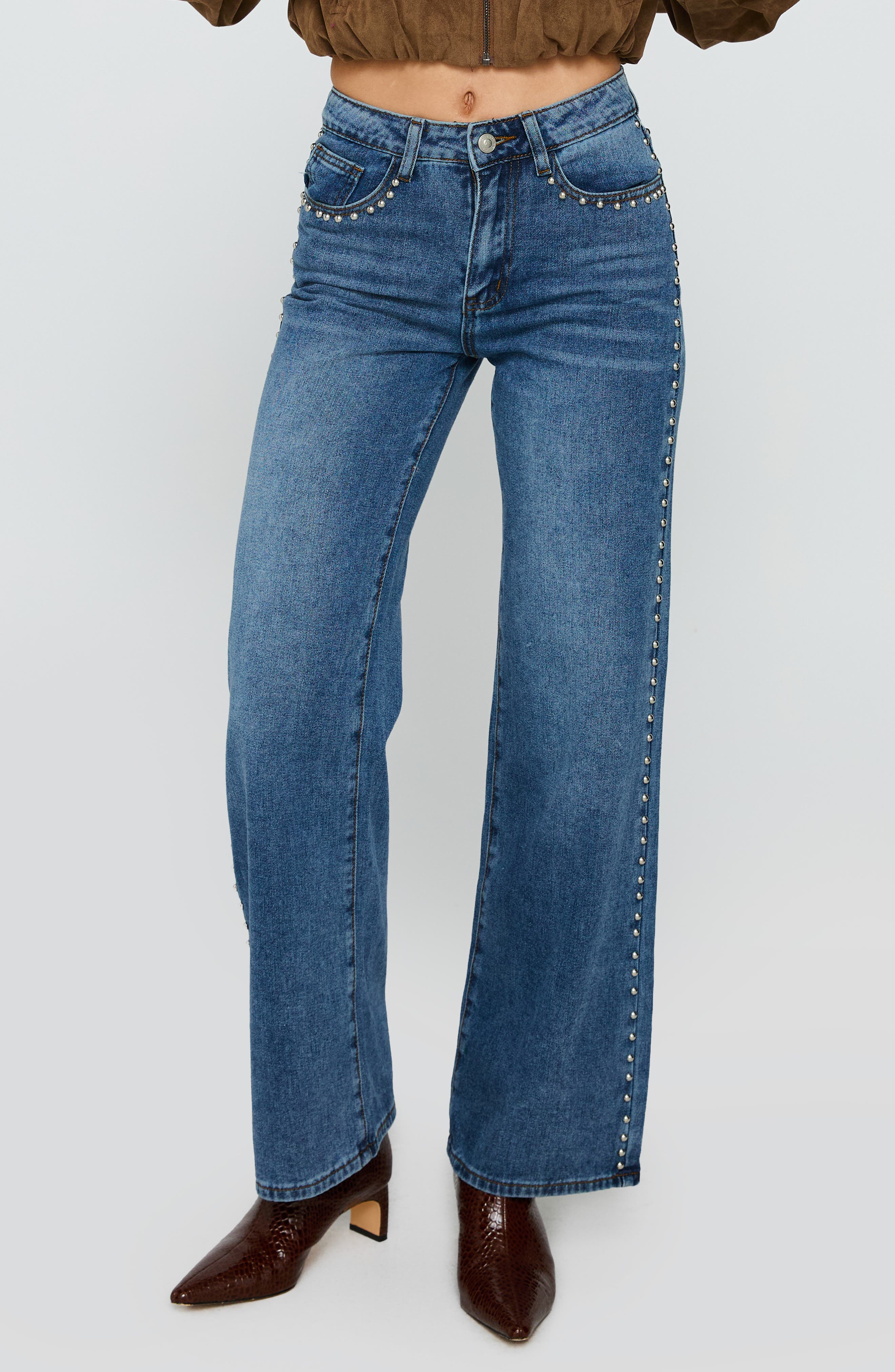 Princess Polly Saving Up Studded Straight Leg Jeans In Blue