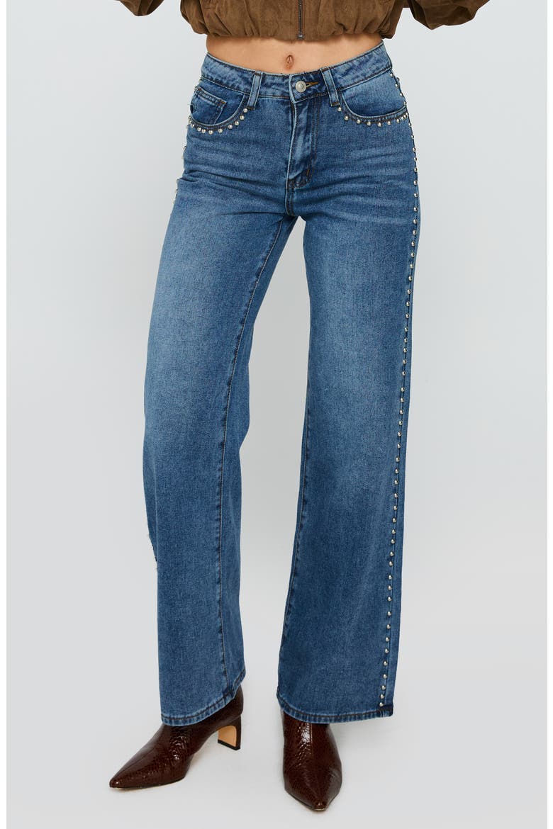 Saving Up Studded Straight Leg Jeans, Main, color, MID BLUE