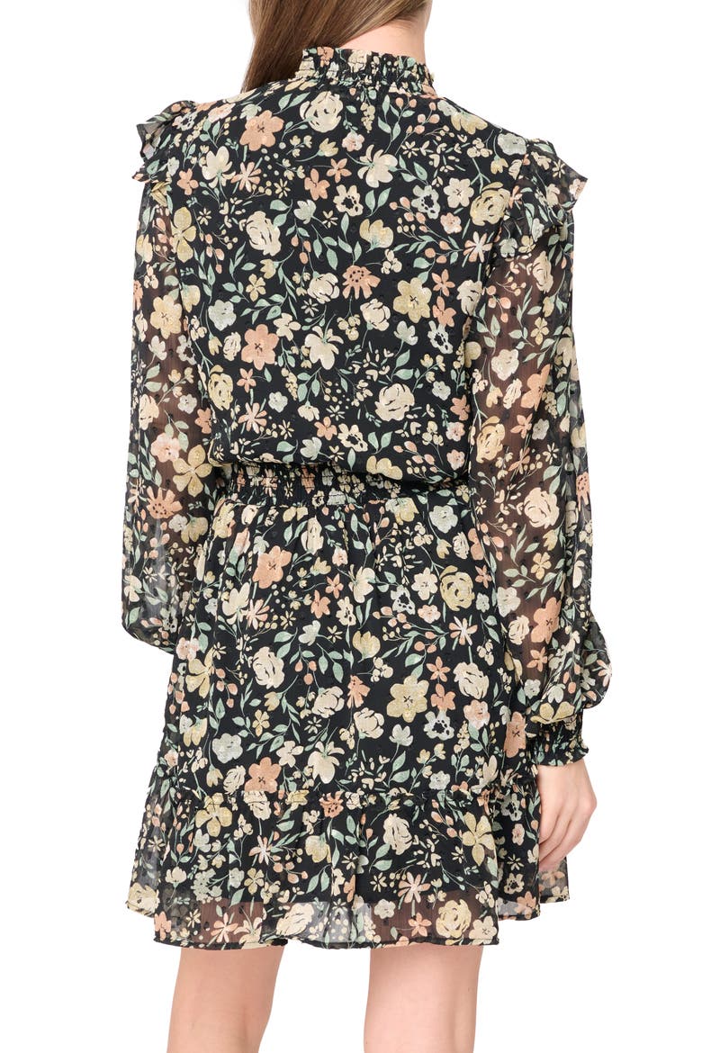 Daphne Long Sleeve Button Front Minidress, Alternate, color, BLACK MULTI FLORAL