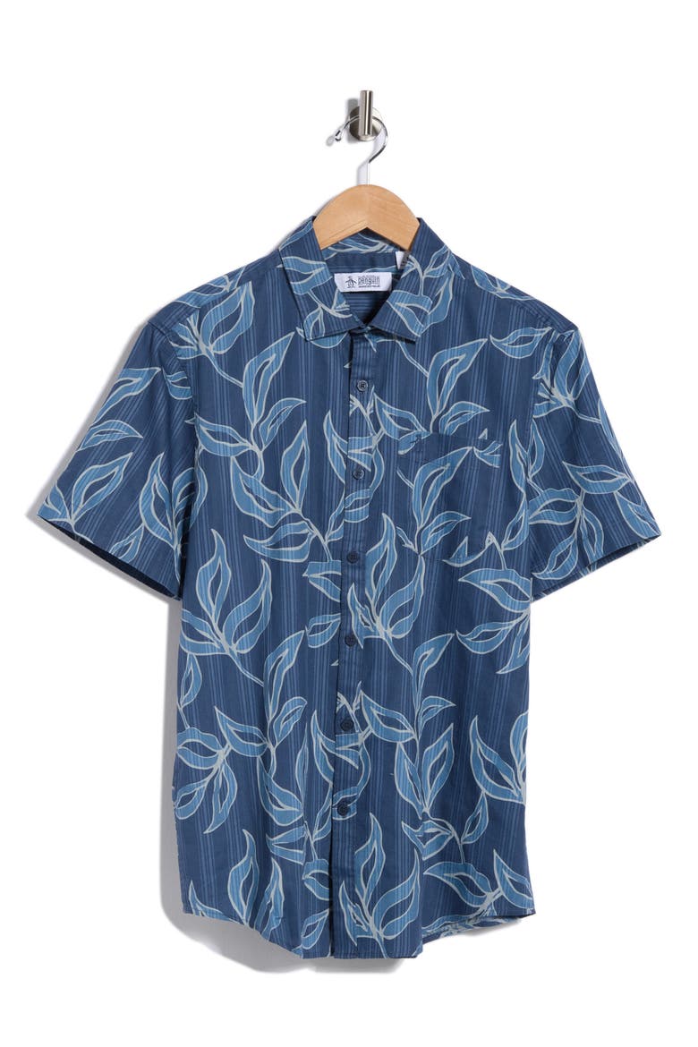 Leaves Print Cotton Button-Up Shirt, Alternate, color, SARGASSO SEA