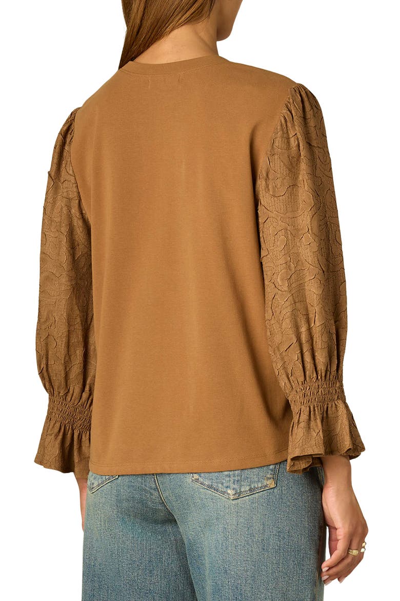 Mixed Media Smocked Sleeve Top, Alternate, color, BUTTER TOFFEE