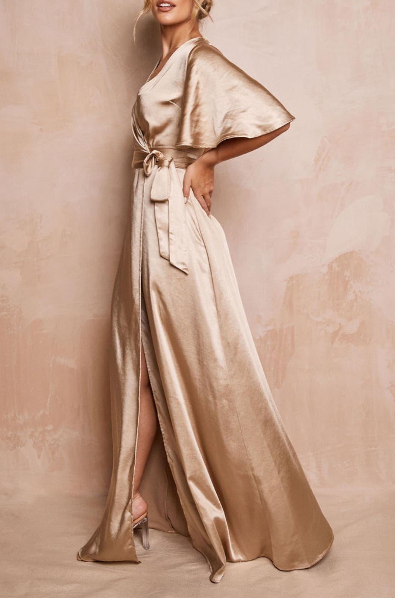 nordstrom champagne bridesmaid dresses Wrap Tie Satin Bridesmaid Dress - Champagne