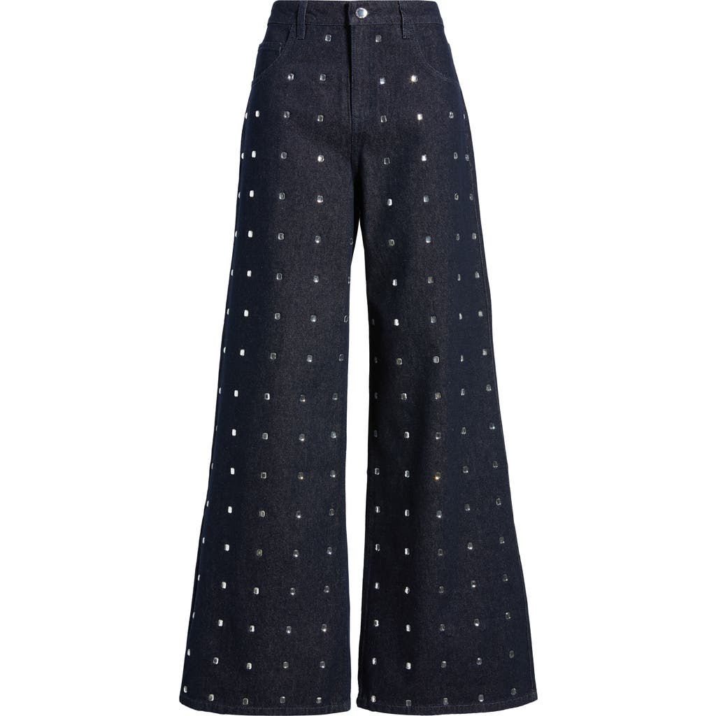 Mango Leo Crystal Embellished Wide Leg Jeans In Blue