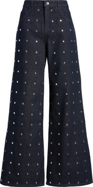 MANGO Leo Crystal Embellished Wide Leg Jeans