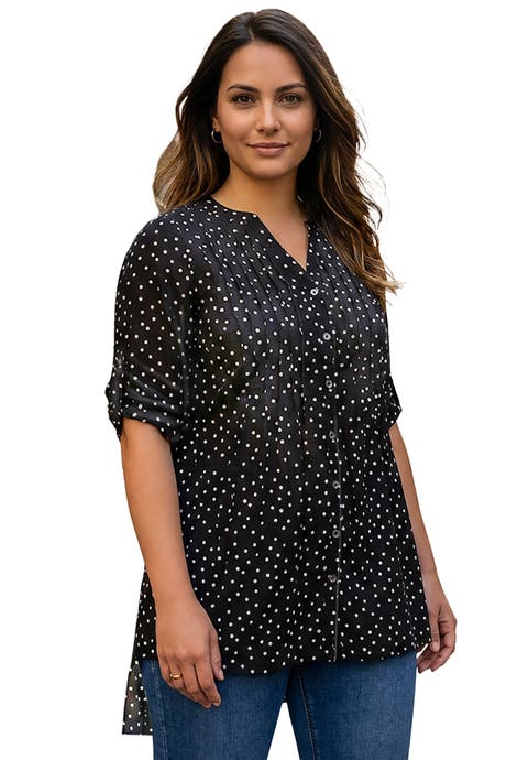 Pintuck Tunic Blouse Y Neck & Roll Tab Sleeves