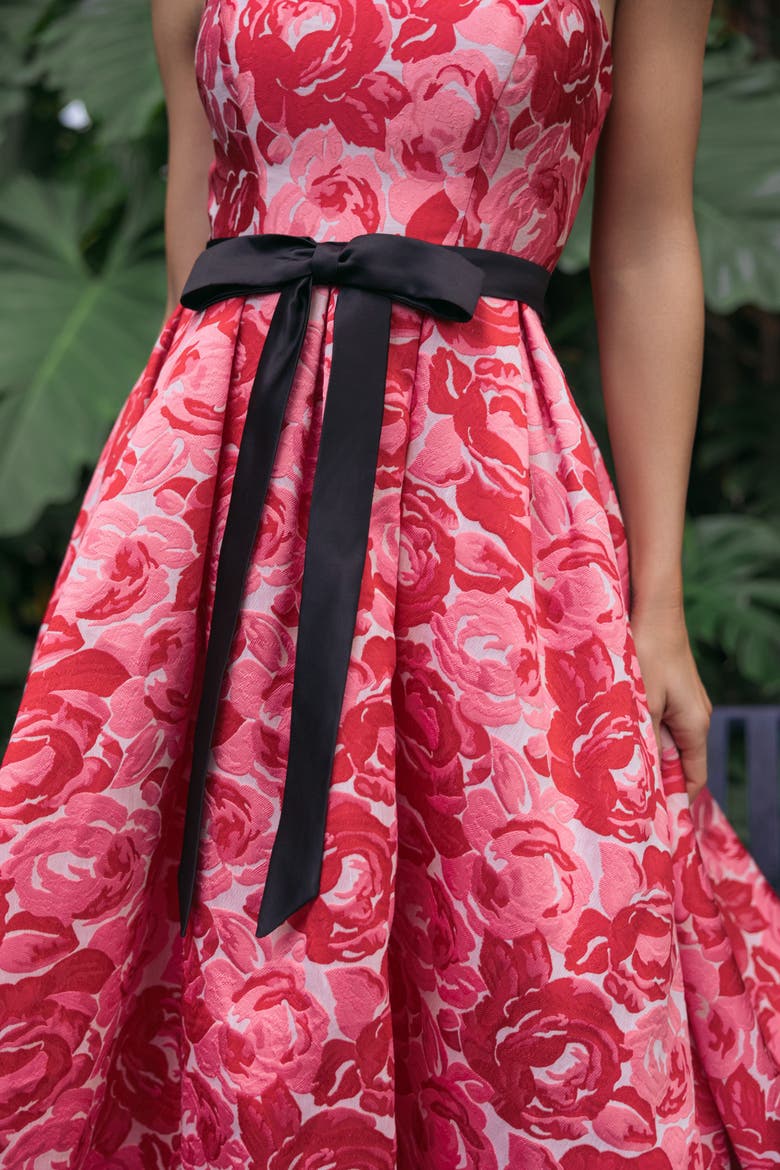 Brocade Strapless A Line Midi Dress With Satin Bow, Alternate, color, Red Multi