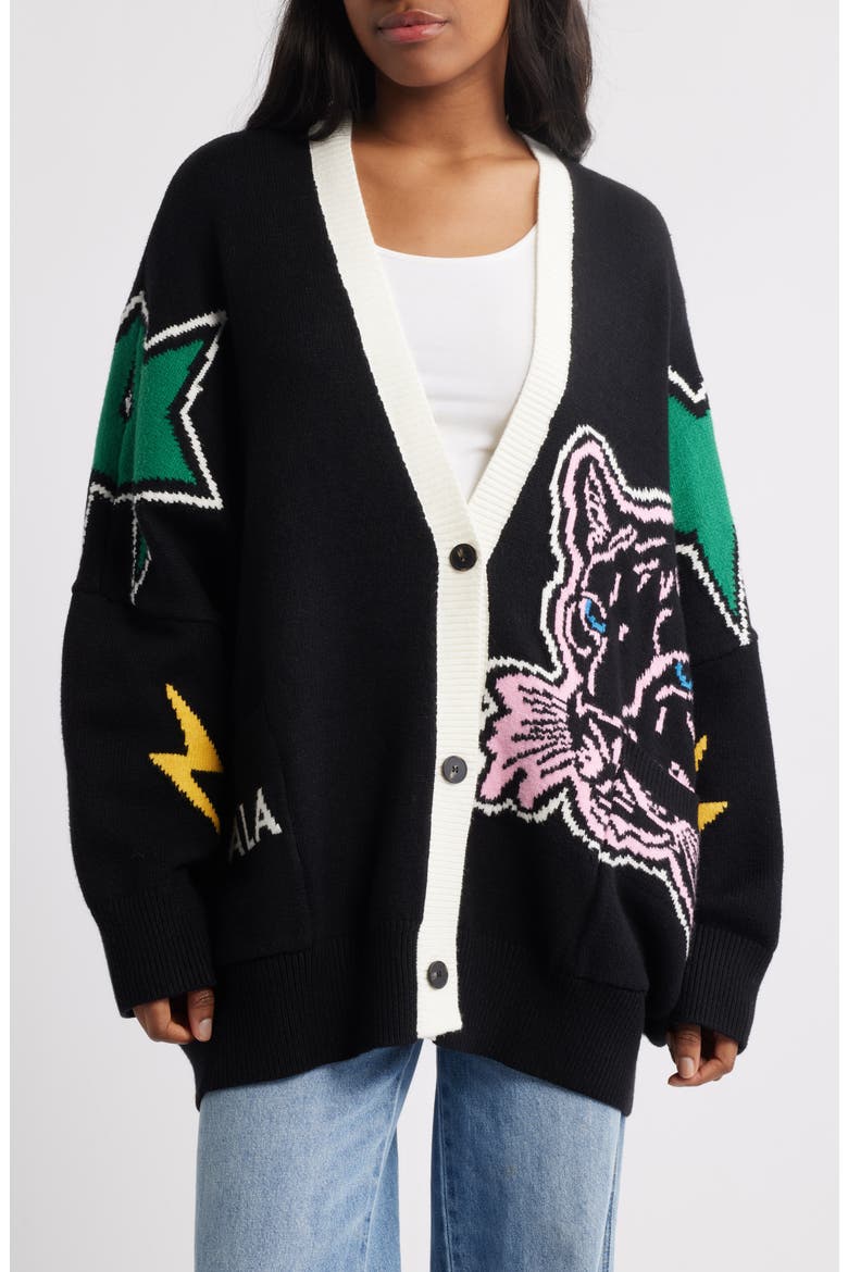 Karma Panther Oversize Cardigan, Alternate, color, BLACK