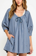 Modenaire Striped V-Neck Romper with 3/4 Sleeves and Front Tie Detail