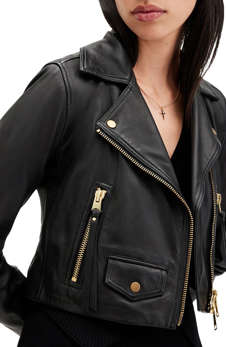 AllSaints Elora Biker Jacket, Alternate, color, Black/ Gold