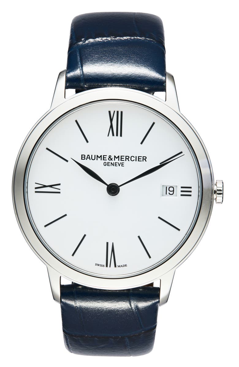 Baume & Mercier Classima Leather Strap Watch, 36.5mm, Main, color, White