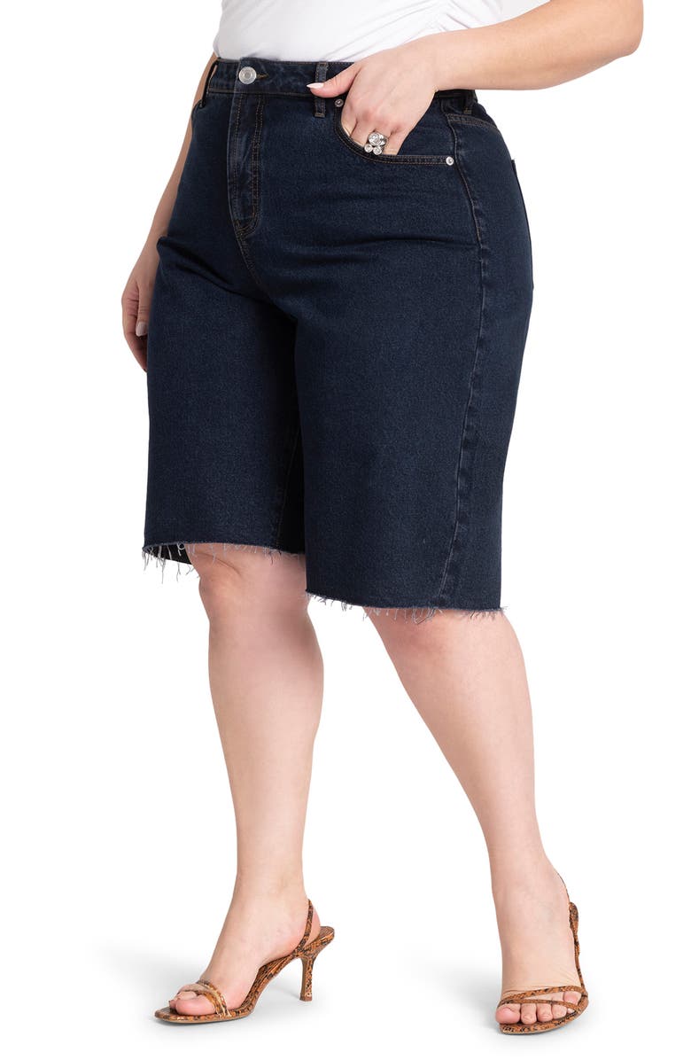 ELOQUII Raw Hem Denim Bermuda Shorts, Main, color,