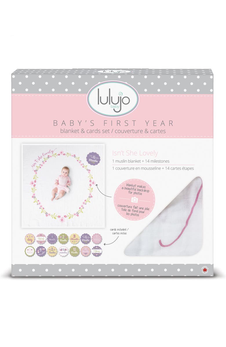 Lulujo Baby's First Year - Isn't She Lovely Muslin Blanket & Milestone Card Set, Alternate, color, Pink