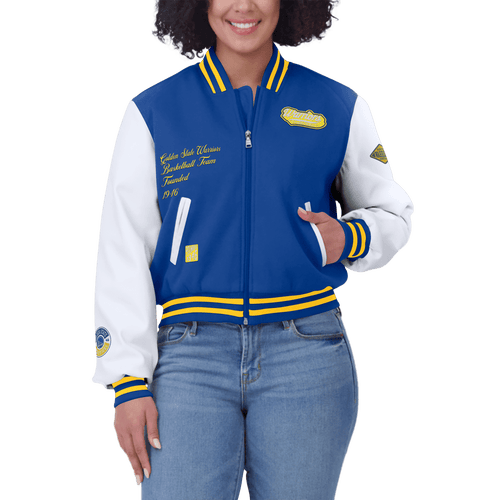 WEAR BY ERIN ANDREWS WEAR BY ERIN ANDREWS ROYAL/WHITE GOLDEN STATE WARRIORS CROPPED VARSITY FULL-ZIP JACKET