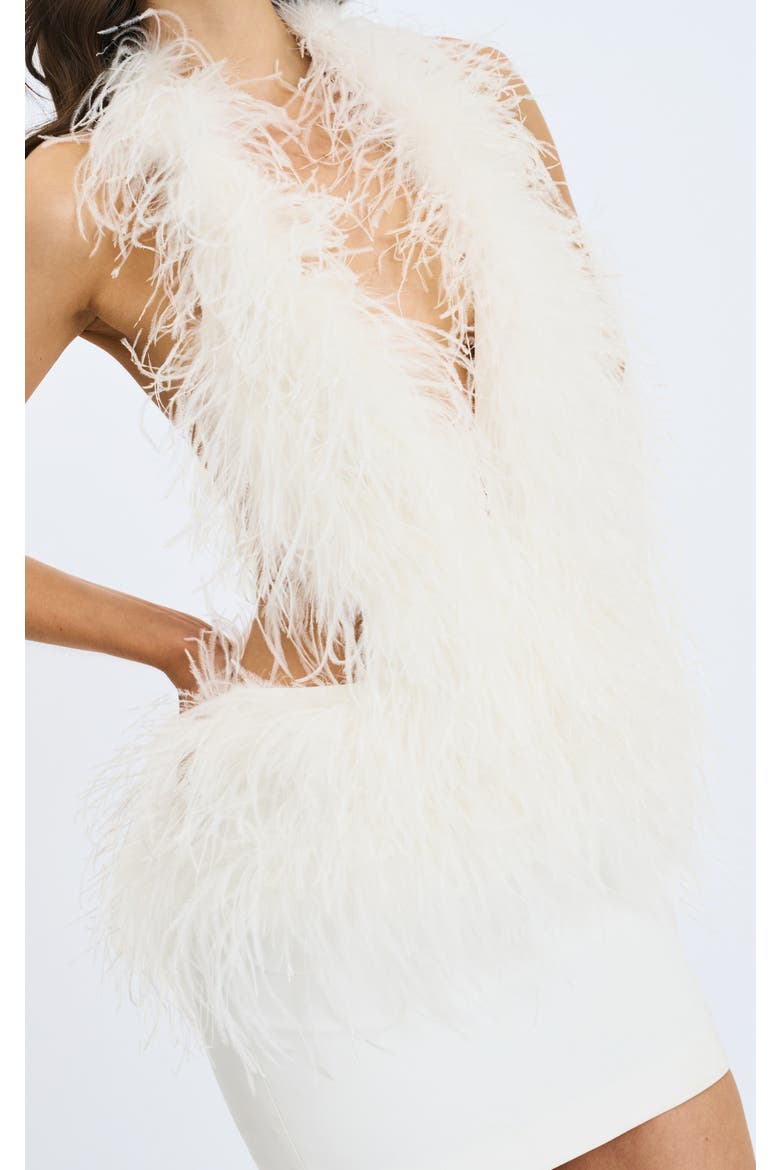 Quisten Feathered Plunging Halter Mini Dress, Alternate, color, White