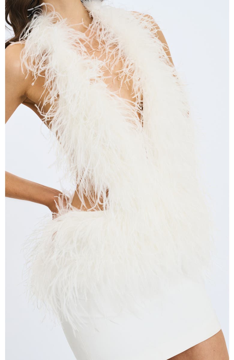 Miss Circle Quisten Feathered Plunging Halter Mini Dress, Alternate, color, White