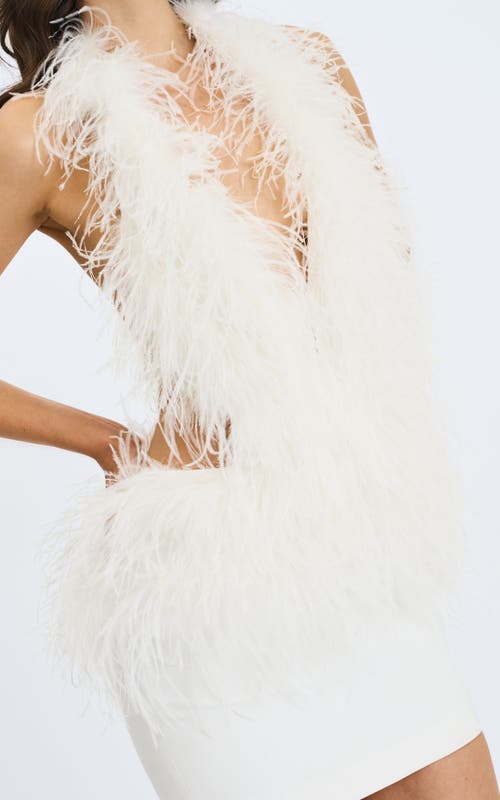 Miss Circle Quisten Feathered Plunging Halter Mini Dress In White