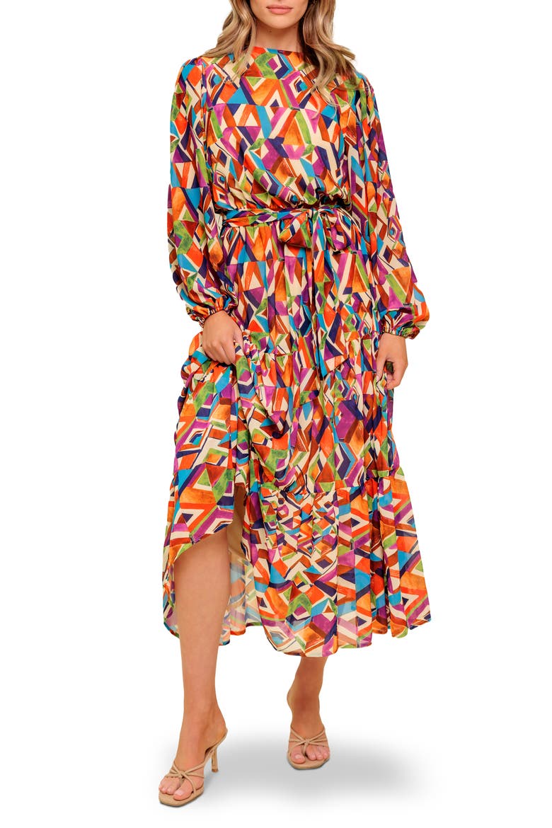 Print Long Sleeve Tiered Midi Dress, Main, color, PLUM MATCHA