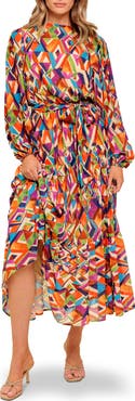 FLYING TOMATO Print Long Sleeve Tiered Midi Dress