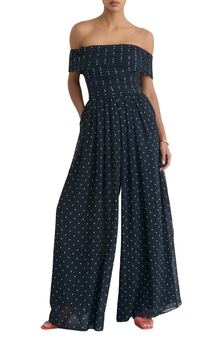 Reiss Margo Polka-Dot Bardot Wide-Leg Jumpsuit, Main, color, Navy/ Ivory