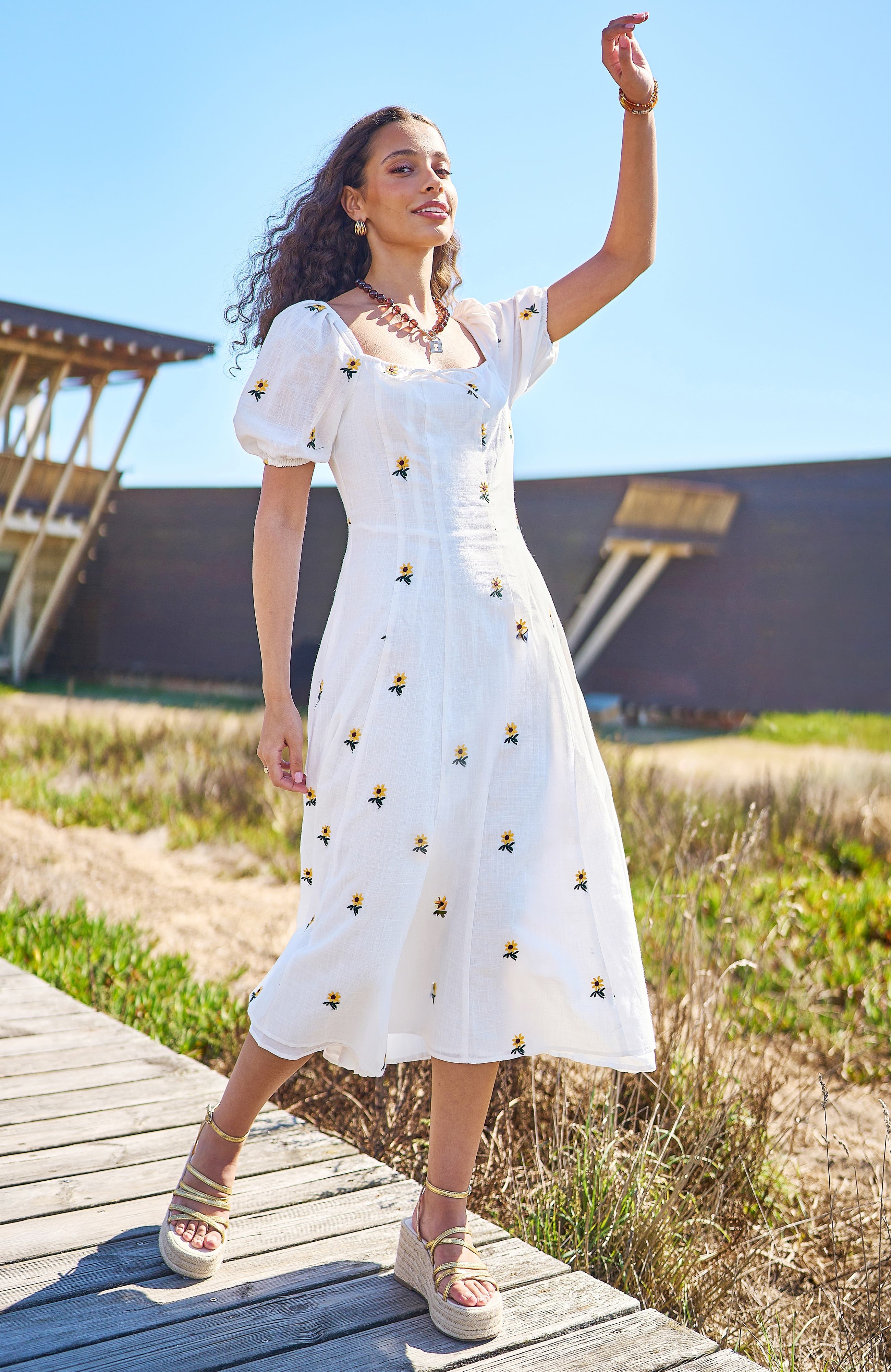 sunflower print midi dress Sunflower Fields Smocked Midi Dress in Olive Curves 2XL / Olive