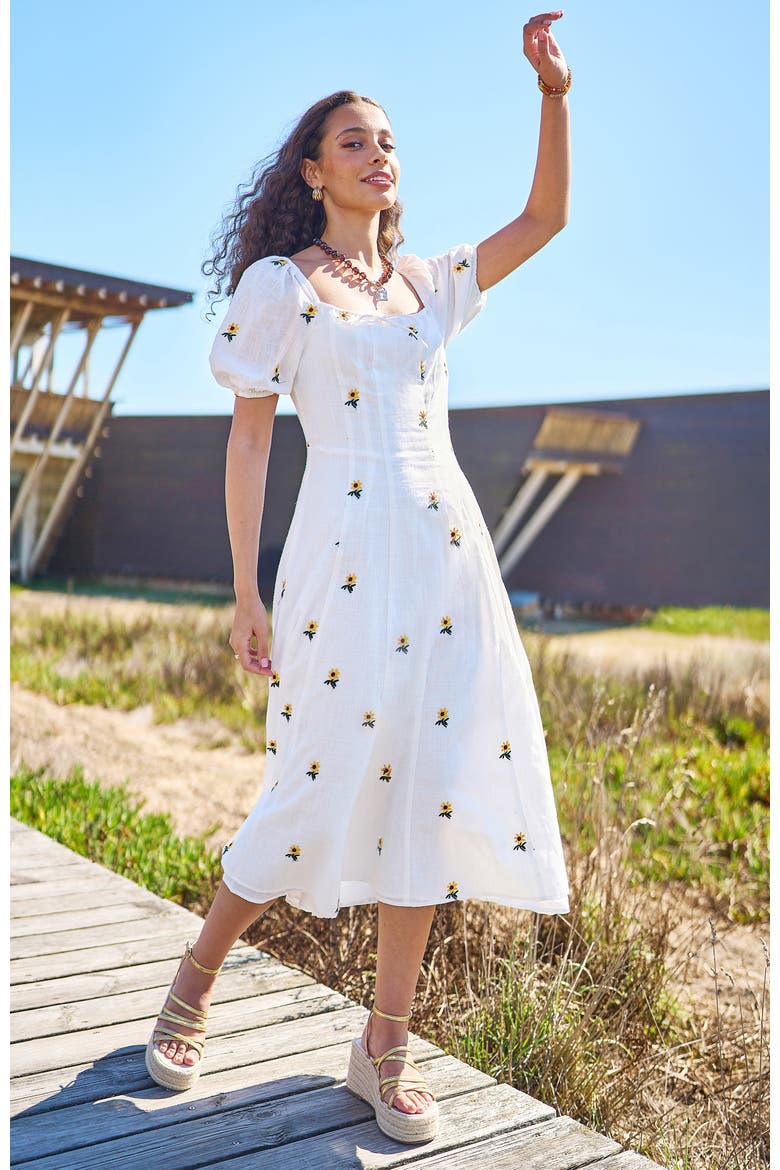 Cotton Sunflower Embroidered Midi Dress, Alternate, color, White