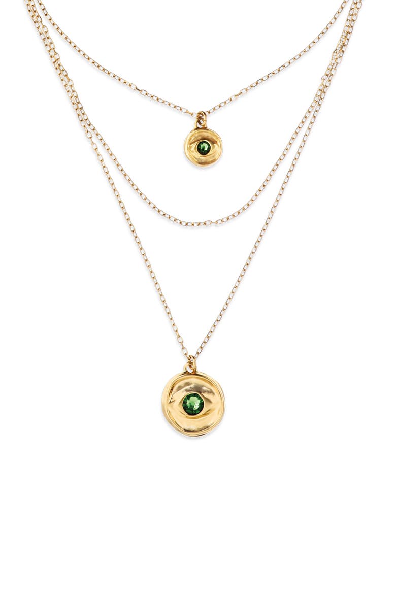 Triple Necklace Plated in 18K Gold with 2 Eye Charms and Green Faceted Crystal, Alternate, color, Gold